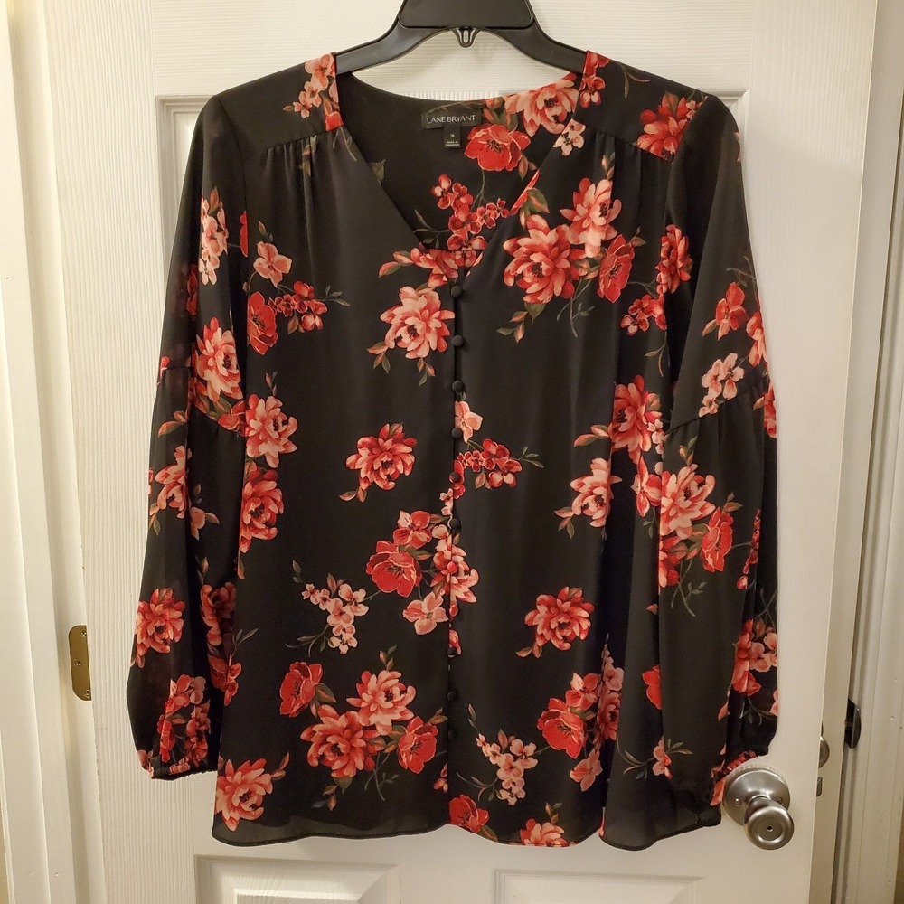 Lane‎ Bryant sz 16 black button up semi-sheer floral blouse romantic feminine
